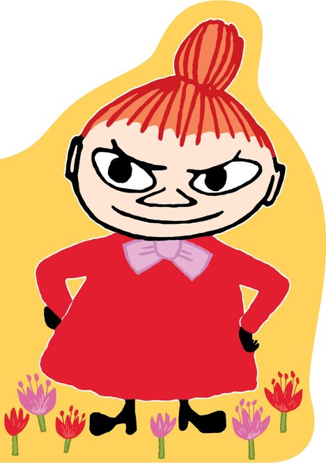Illustration eines grimmigen Charakters in rotem Kleid mit Schleife, umgeben von bunten Blumen auf gelbem Hintergrund.