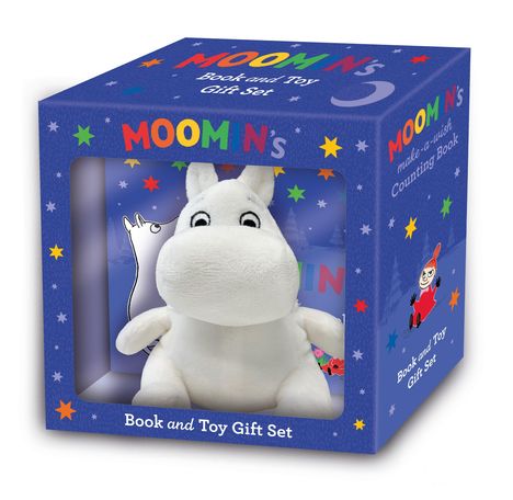 "Moomin's Book and Toy Gift Set" in bunten Buchstaben. Eine weiße Plüsch-Figur in einer blauen, mit Sternen verzierten Box.