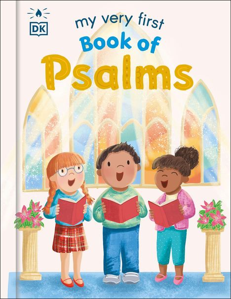 "my very first Book of Psalms". Drei Kinder singen mit roten Büchern vor bunten Kirchenfenstern.