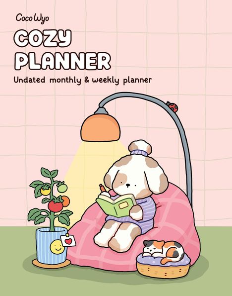 „CocoWyo Cozy Planner: Undated monthly & weekly planner.“ Illustration eines Hundes beim Lesen, eine Katze schläft daneben.