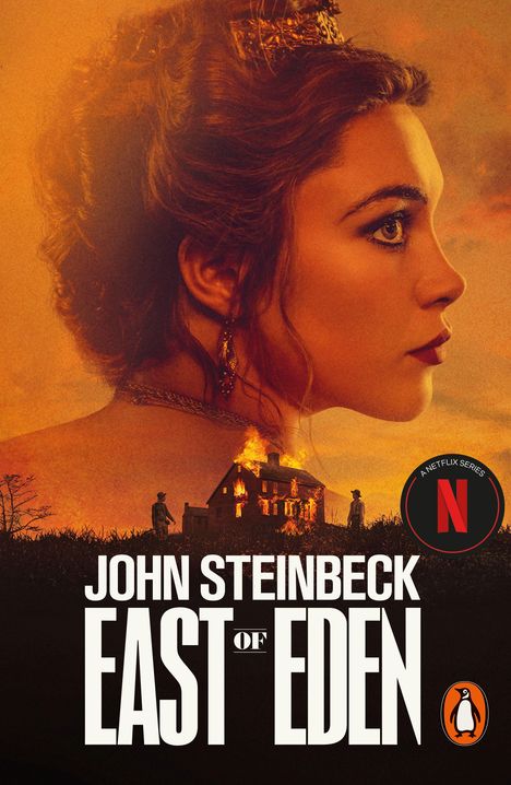 „JOHN STEINBECK EAST OF EDEN“, Frau im Profil, brennendes Haus im Hintergrund, Netflix-Logo.