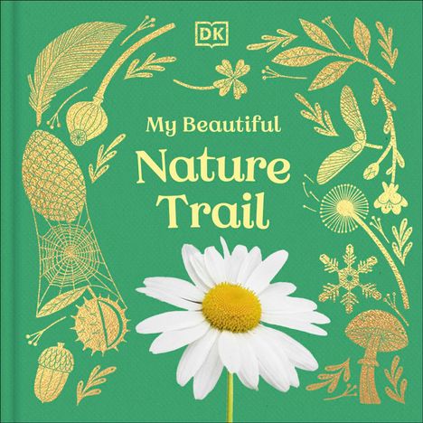 "My Beautiful Nature Trail" steht in der Mitte. Illustration: Blumen, Blätter, Spinnennetz, weiße Margerite auf grünem Hintergrund.