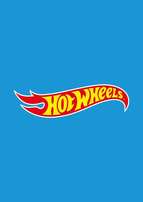 Logo mit dem Text "HOT WHEELS" in gelber Schrift auf rotem Hintergrund, der einer Flamme ähnelt, vor blauem Hintergrund.