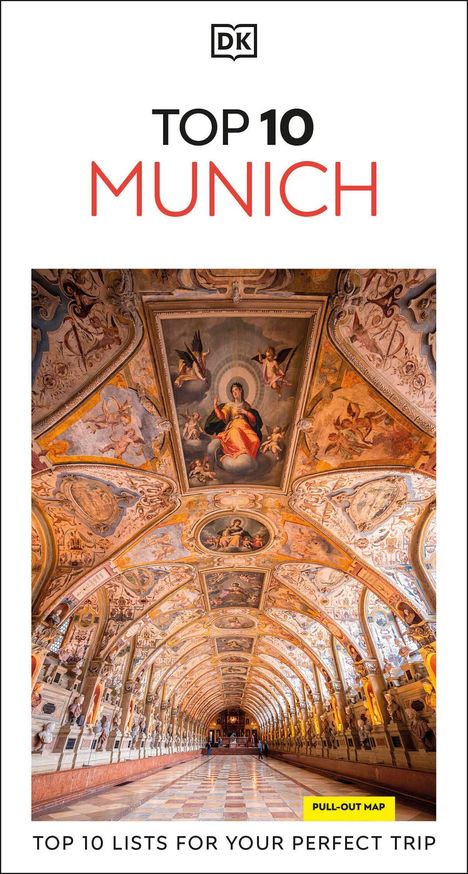"TOP 10 MUNICH", darunter kunstvolle Decke eines opulent verzierten, historischen Saals mit Gemälden und Statuen.