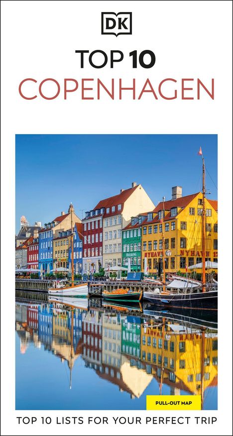 „TOP 10 COPENHAGEN“ über bunten Häusern am Wasser mit Segelbooten, klarer blauer Himmel.