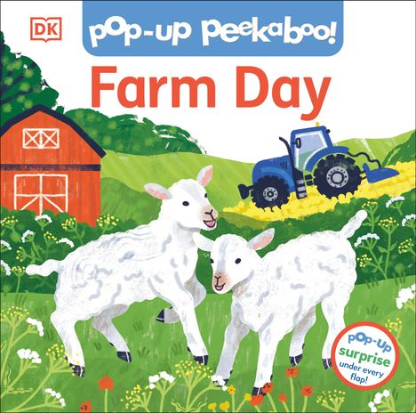 „pop-up peekaboo! Farm Day“. Illustration mit zwei Lämmern, einem blauen Traktor und einer roten Scheune.