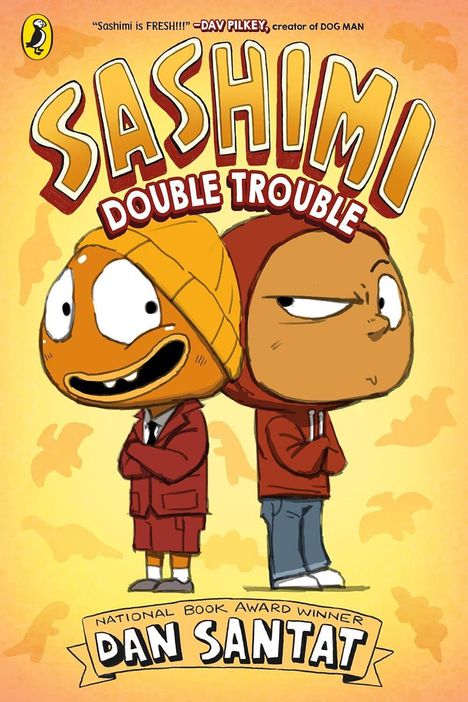 Text: "SASHIMI DOUBLE TROUBLE." Zwei cartoonhafte Figuren, Fischkopf und Kapuze, vor gelbem Hintergrund mit fliegenden Formen.