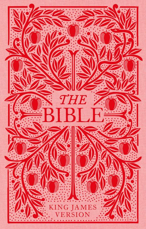 Text: "The Bible, King James Version". Rot-weiße Illustration eines stilisierten Baumes mit Äpfeln und Blättern, verziert.