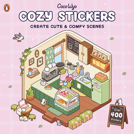 Text: "CocoWyo Cozy Stickers. Create Cute & Comfy Scenes. Over 400 stickers." 
Illustration: Niedliches Café mit Tieren.