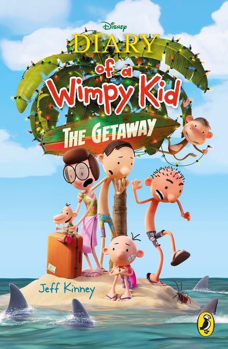 "Diary of a Wimpy Kid: The Getaway" steht groß auf einer bunten, tropischen Illustration mit einer Familie auf einer Insel.