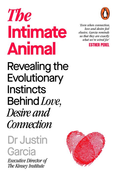 "The Intimate Animal" in roter Schrift, schwarzer Text darunter. Zwei rote Daumenabdrücke formen ein Herz.