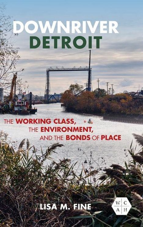 "DOWNRIVER DETROIT" oben, "THE WORKING CLASS, THE ENVIRONMENT, AND THE BONDS OF PLACE" mittig, Autor "LISA M. FINE". Flusslandschaft.