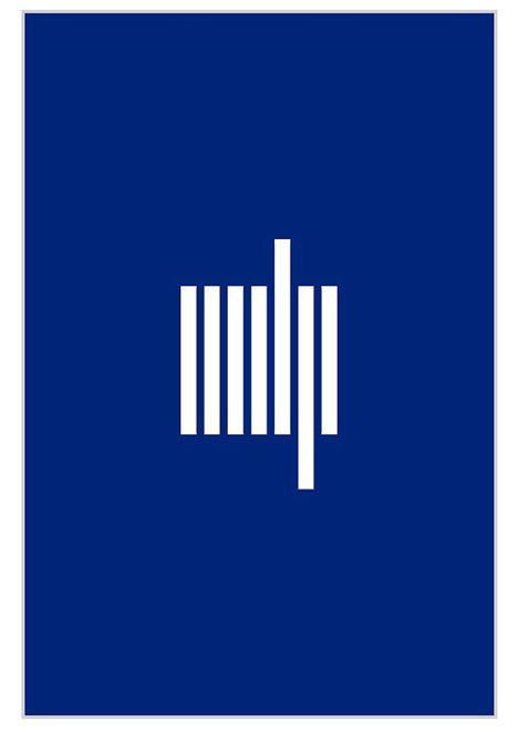Ein blaues Rechteck mit einem weißen, vertikal gestreiften Logo in der Mitte.