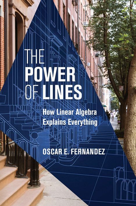 "The Power of Lines: How Linear Algebra Explains Everything" von Oscar E. Fernandez. Blaues geometrisches Design über Stadtbild.