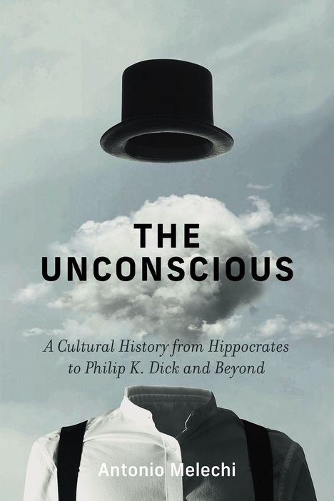 „THE UNCONSCIOUS“, wolkiger Himmel, schwebender Zylinder, unsichtbarer Oberkörper in Hemd und Hosenträgern.