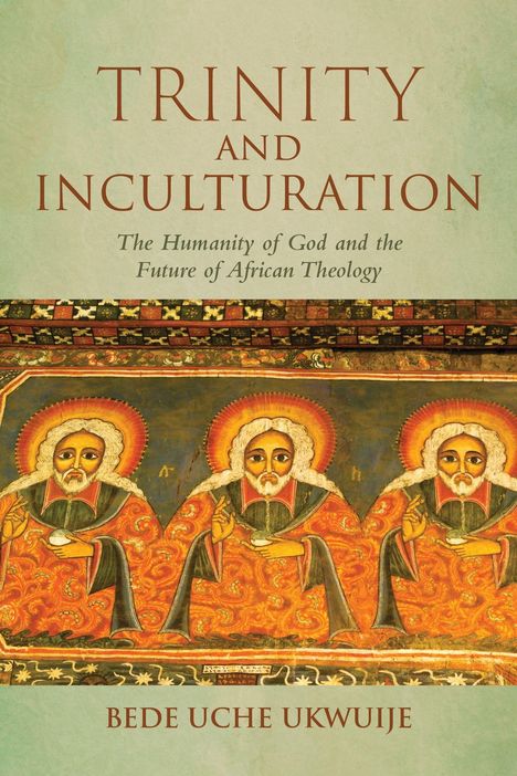 "TRINITY AND INCULTURATION" von Bede Uche Ukwuije. Drei Heilige mit roten Gewändern in einer traditionellen Illustration.