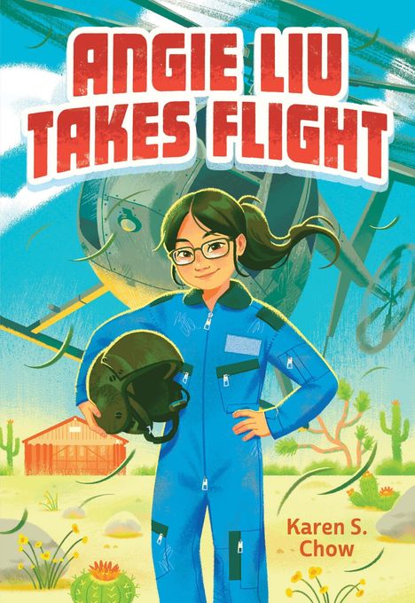 Angie Liu Takes Flight. Illustration: Mädchen im blauen Anzug mit Helm in der Hand, Hubschrauber im Hintergrund.