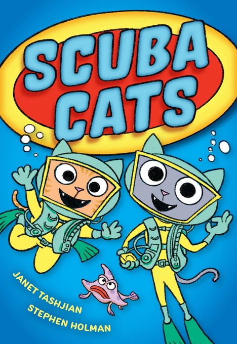 "SCUBA CATS" in großen Buchstaben. Zwei fröhliche Katzen in Taucheranzügen mit einem kleinen lila Fisch darunter.