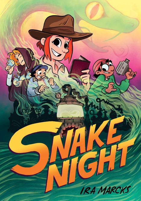 Text: "SNAKE NIGHT" von Ira Marcks. 

Eine bunte Illustration mit Abenteurern und eine riesige Schlange im Hintergrund.