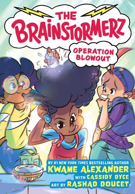 "The Brainstormerz: Operation Blowout" in auffälligen Buchstaben, drei Kinder in bunten Outfits, eins mit Puste.