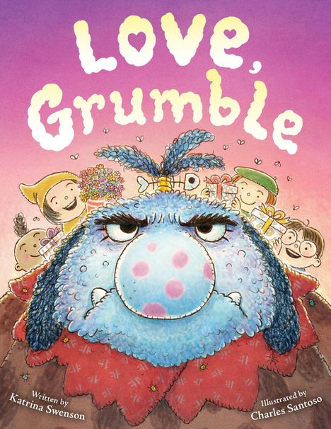 „Love, Grumble”, Illustration: Ein blaues, mürrisches Monster umgeben von fröhlichen Kindern mit Geschenken und Blumen.