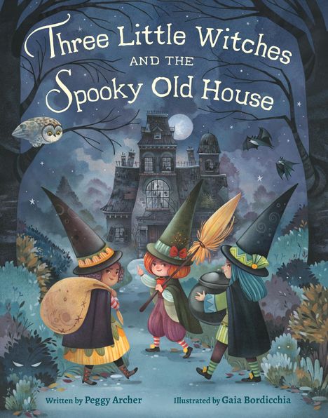 "Three Little Witches and the Spooky Old House." Illustration von drei Hexen vor einem alten, gruseligen Haus bei Nacht.