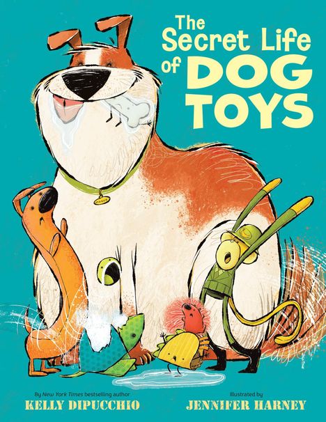 "The Secret Life of Dog Toys" zeigt einen großen Hund mit Spielzeugen. Buchtitel und Illustrationsstil humorvoll und bunt.