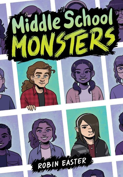 "Middle School Monsters" in großen Buchstaben. Darunter stilisierte Zeichnungen von Schülern mit monsterähnlichen Merkmalen.