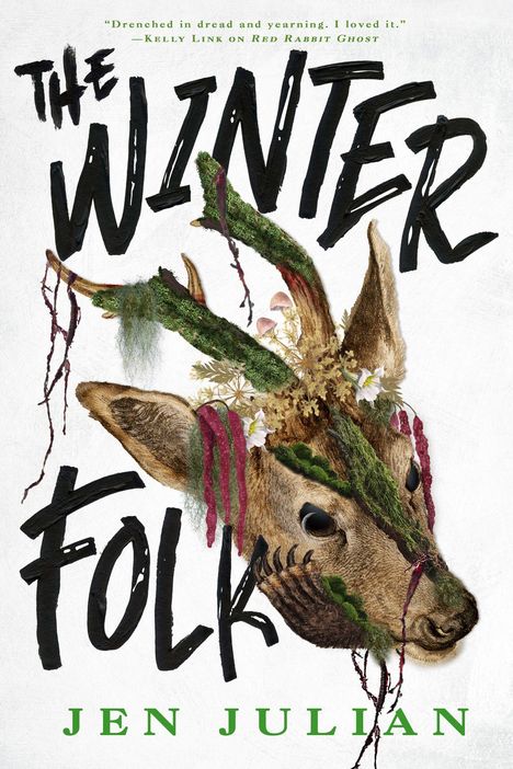 „The Winter Folk“ und „Jen Julian“. Geweih mit Moos, Blumen, Pilzen, surrealer Hirschkopf.
