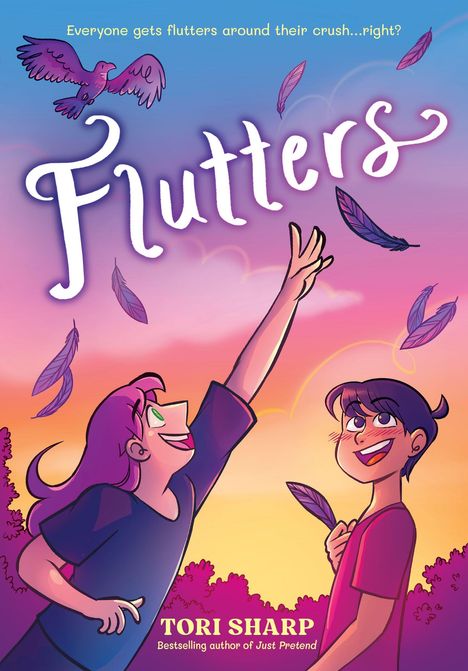 Text: "Everyone gets flutters around their crush...right?", "Flutters", "Tori Sharp". 

Zwei fröhliche Personen, umgeben von Federn.