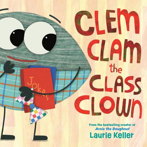 „Clem Clam the Class Clown“ steht neben einer gezeichneten, fröhlichen Muschel mit großen Augen, die ein Witzebuch hält.