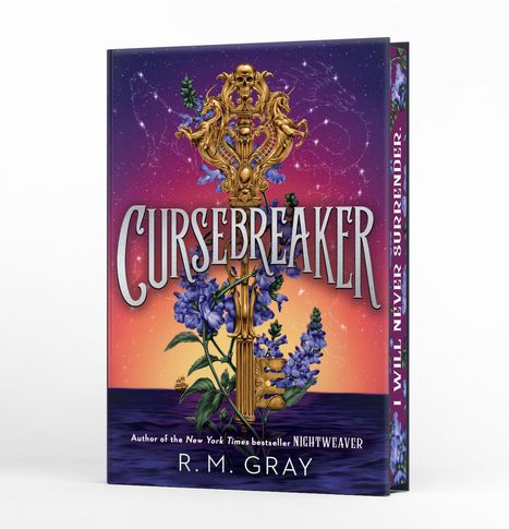 "CURSEBREAKER" in großen Buchstaben, Illustration einer goldenen Schlüssel-Skulptur mit violetten Blumen.