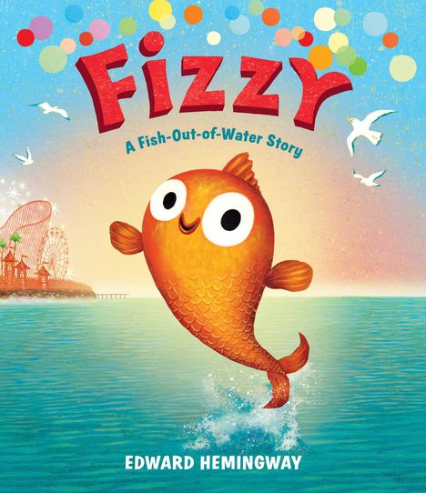 Text: „FIZZY: A Fish-Out-of-Water Story.“ Illustration eines fröhlichen, springenden Fisches vor einer Küstenlandschaft.