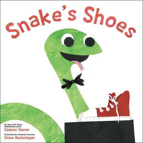 „Snake's Shoes“. Illustration: Grüne Schlange mit Fliege betrachtet roten Sneaker.