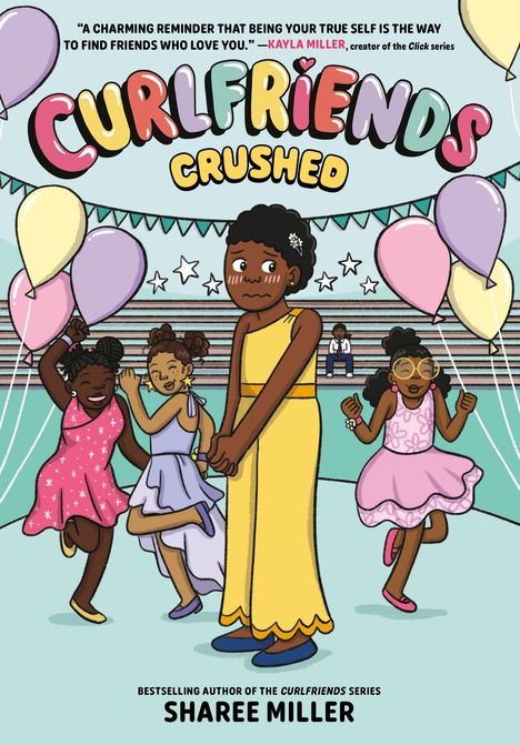 „CURLFRIENDS CRUSHED“ Illustration: Vier Mädchen in bunten Kleidern, umgeben von Luftballons und Girlanden.