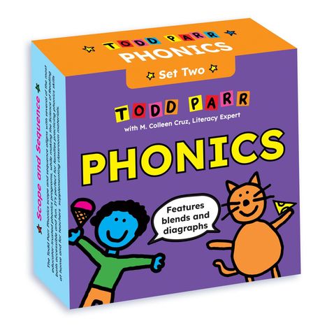 „Todd Parr Phonics, Set Two. Features blends and diagraphs“. Eine bunte Illustration mit Kind und Katze.