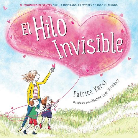 Text: "El Hilo Invisible". Illustration zeigt eine Frau mit zwei Kindern, die auf eine Wiese zeigen, verbunden durch einen unsichtbaren Faden.
