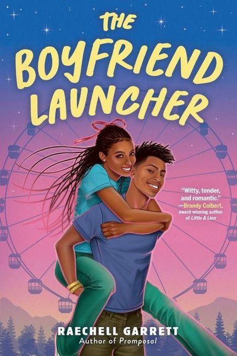 "The Boyfriend Launcher" in gelber Schrift. Ein Mädchen umarmt einen Jungen vor einem Riesenrad in warmer Abendstimmung.