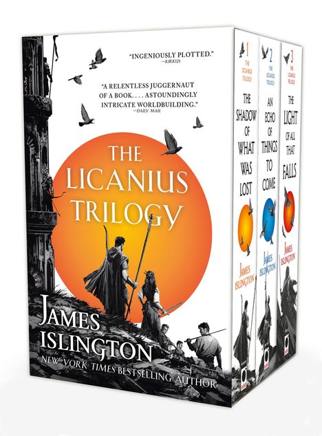 Text: „The Licanius Trilogy“, „James Islington“. Drei Buchcover nebeneinander, darauf Figuren vor symbolischen Hintergründen.
