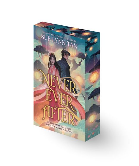 Auf dem Cover stehen: "NEVER EVER AFTER" und "In this fairy tale, the monster wears a crown." Zwei Menschen stehen Rücken an Rücken.