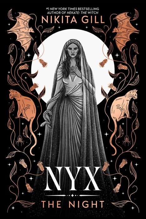„Nikita Gill, NYX, THE NIGHT“. Illustration einer Frau in einem Gewand, umrahmt von Fledermäusen, Blumen, Katzen und Sternen.