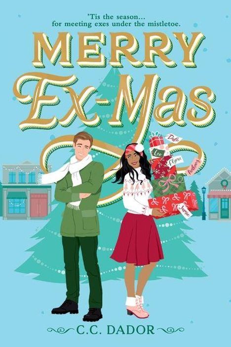 "MERRY Ex-Mas"; zwei Personen vor grünem Weihnachtsbaum; er im Mantel, sie mit Geschenken und Santa-Hut; Stadt im Hintergrund.