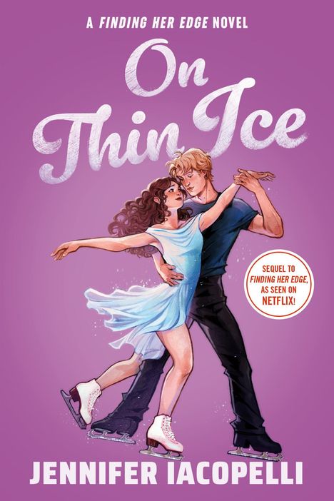 "On Thin Ice" von Jennifer Iacopelli. Zwei Eiskunstläufer tanzen elegant, sie trägt ein blaues Kleid, er schwarze Kleidung.