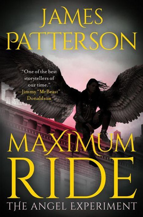 Der Text lautet: "JAMES PATTERSON, MAXIMUM RIDE, THE ANGEL EXPERIMENT." Eine Figur mit Flügeln sitzt auf einem Gebäude.