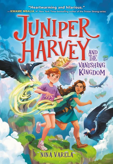 "Juniper Harvey and the Vanishing Kingdom." Zwei Kinder rennen über schwebende Inseln, Vögel im Flug, strahlende Magie kreiselt.