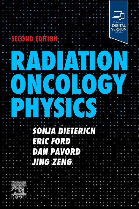 "SECOND EDITION" oben, "RADIATION ONCOLOGY PHYSICS" groß in der Mitte, Autorennamen darunter. Blau-schwarzer Hintergrund, Elsevier-Logo.