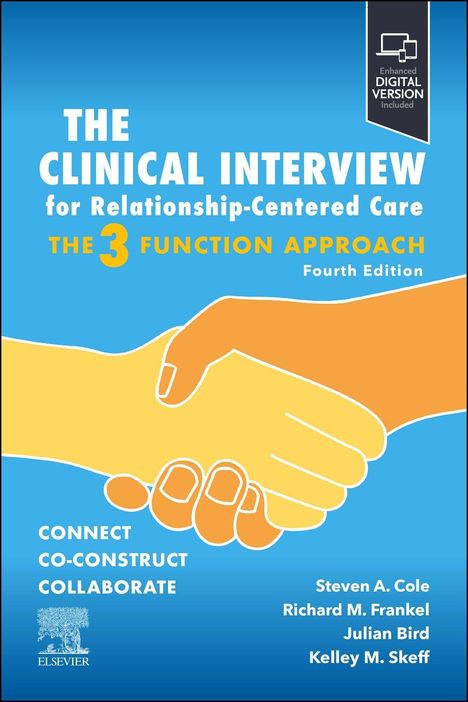 Text: "THE CLINICAL INTERVIEW for Relationship-Centered Care: THE 3 FUNCTION APPROACH, Fourth Edition". Illustration: Händedruck.