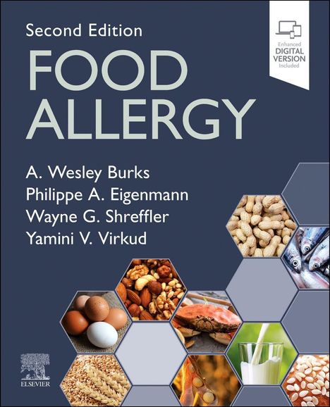 "Second Edition FOOD ALLERGY" von Burks, Eigenmann, Shreffler, Virkud. Sechseckdesign mit Lebensmitteln: Nüsse, Eier, Fisch.