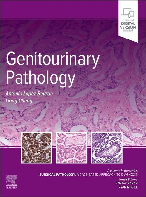 "Genitourinary Pathology", Autoren: Antonio Lopez-Beltran, Liang Cheng. Drei mikroskopische Gewebeabbildungen auf violettem Hintergrund.
