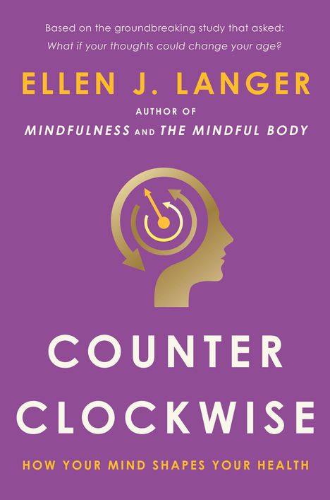 Text: “Ellen J. Langer, Counter Clockwise, How Your Mind Shapes Your Health.” Illustration: Kopf mit Uhr.